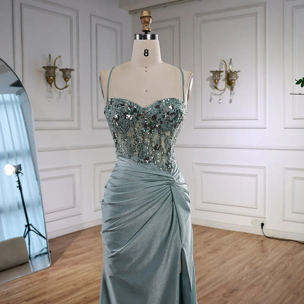 Classy Light Green Satin Prom Dress with Lace and Slit LA73032A