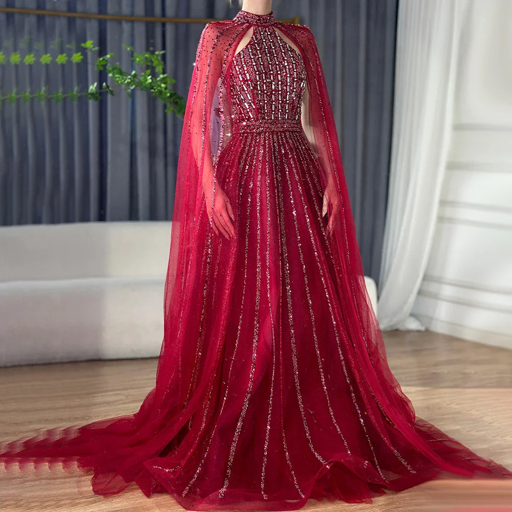 Luxury Turquoise A-Line Cape Sleeve Beaded Evening Dress Plus Size LA72306A