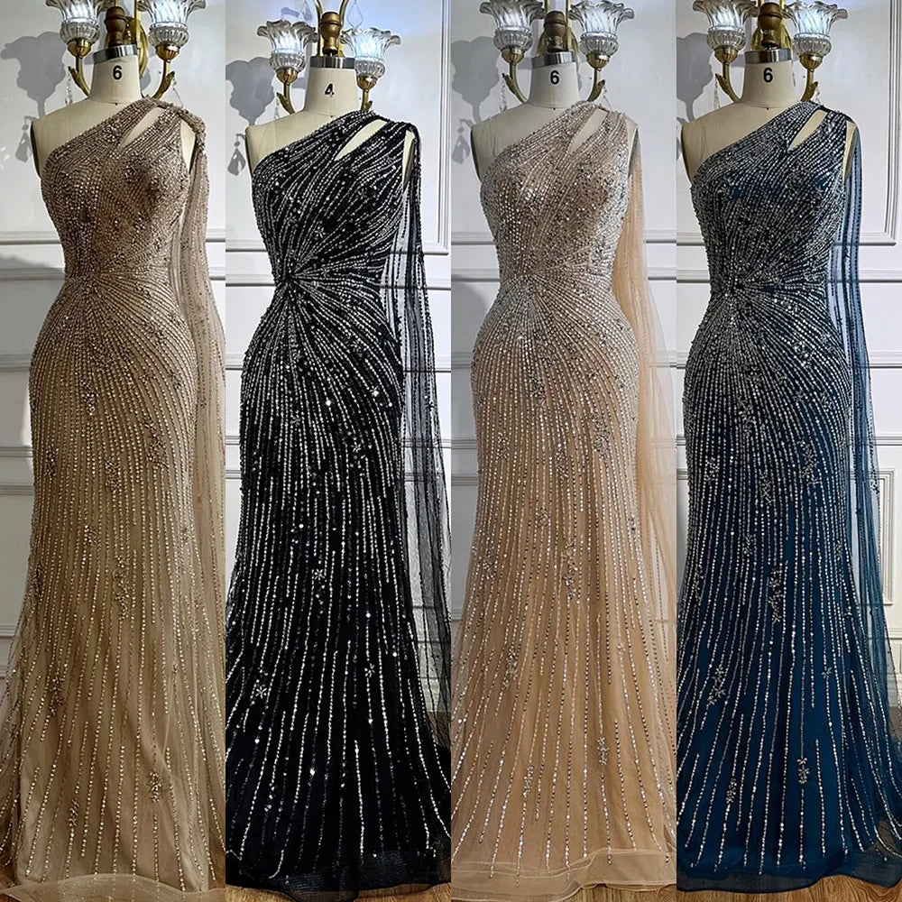 Luxury Black One Shoulder Mermaid Evening Dress with High Slit LA72829