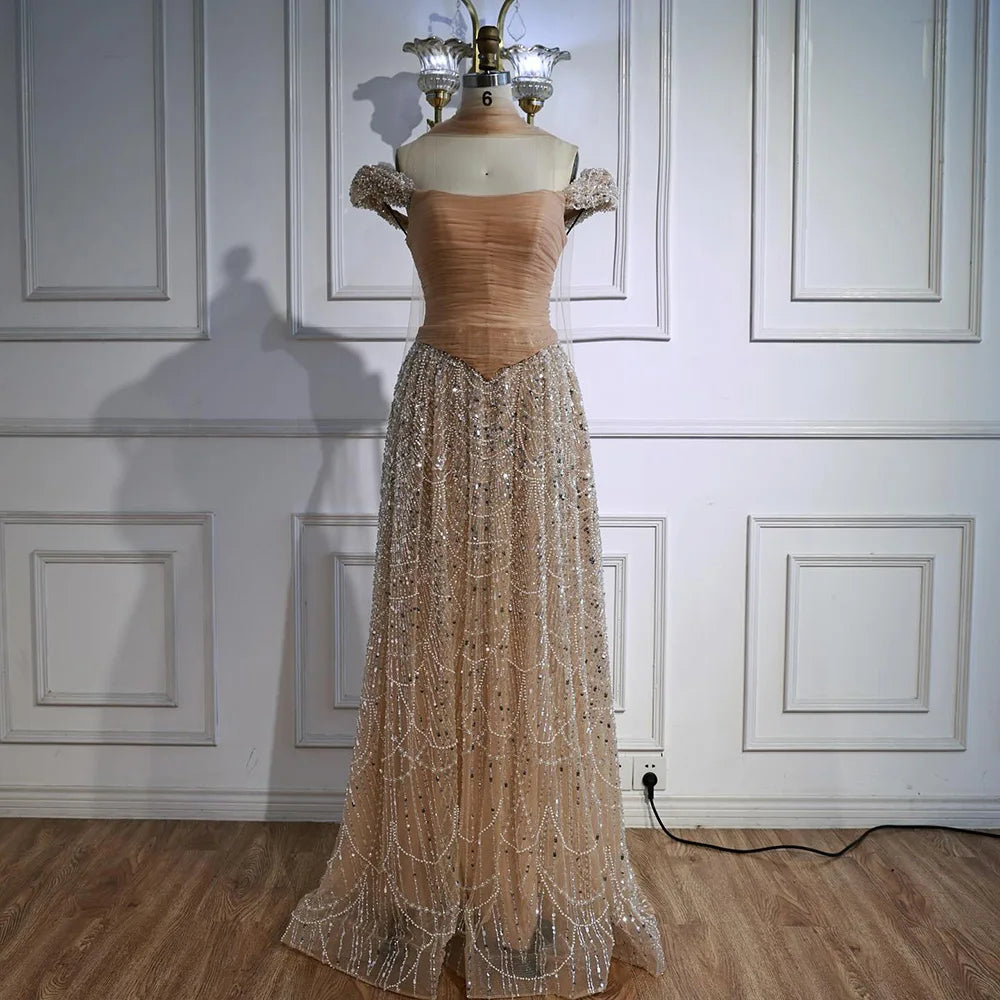 Luxury Arabic Pink Pearls Beaded Evening Dress With Cape LA72922