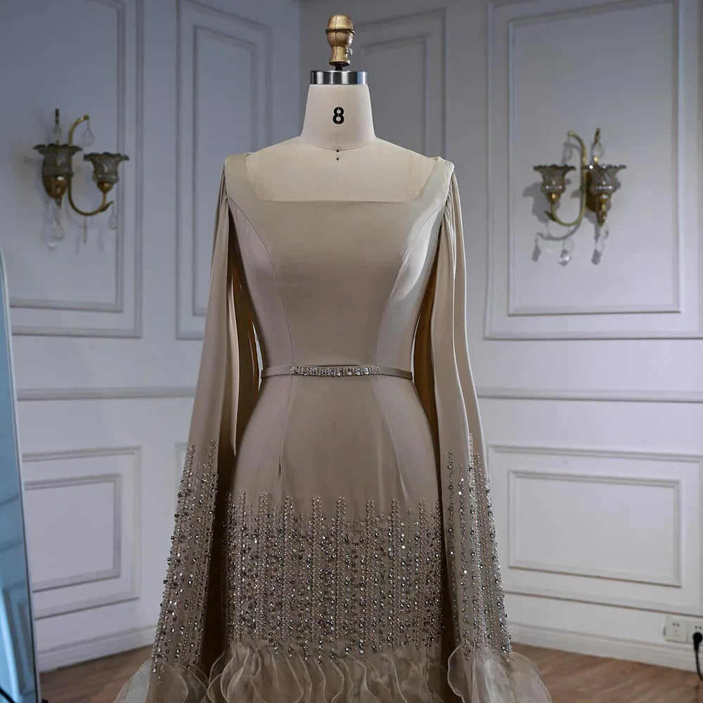 Elegant Nude Beaded Evening Dress with Cape Sleeves LA72317C