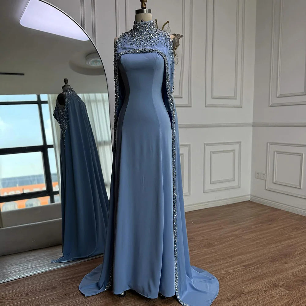 Elegant High Neck Evening Dress with Crystals and Long Cape LA73068