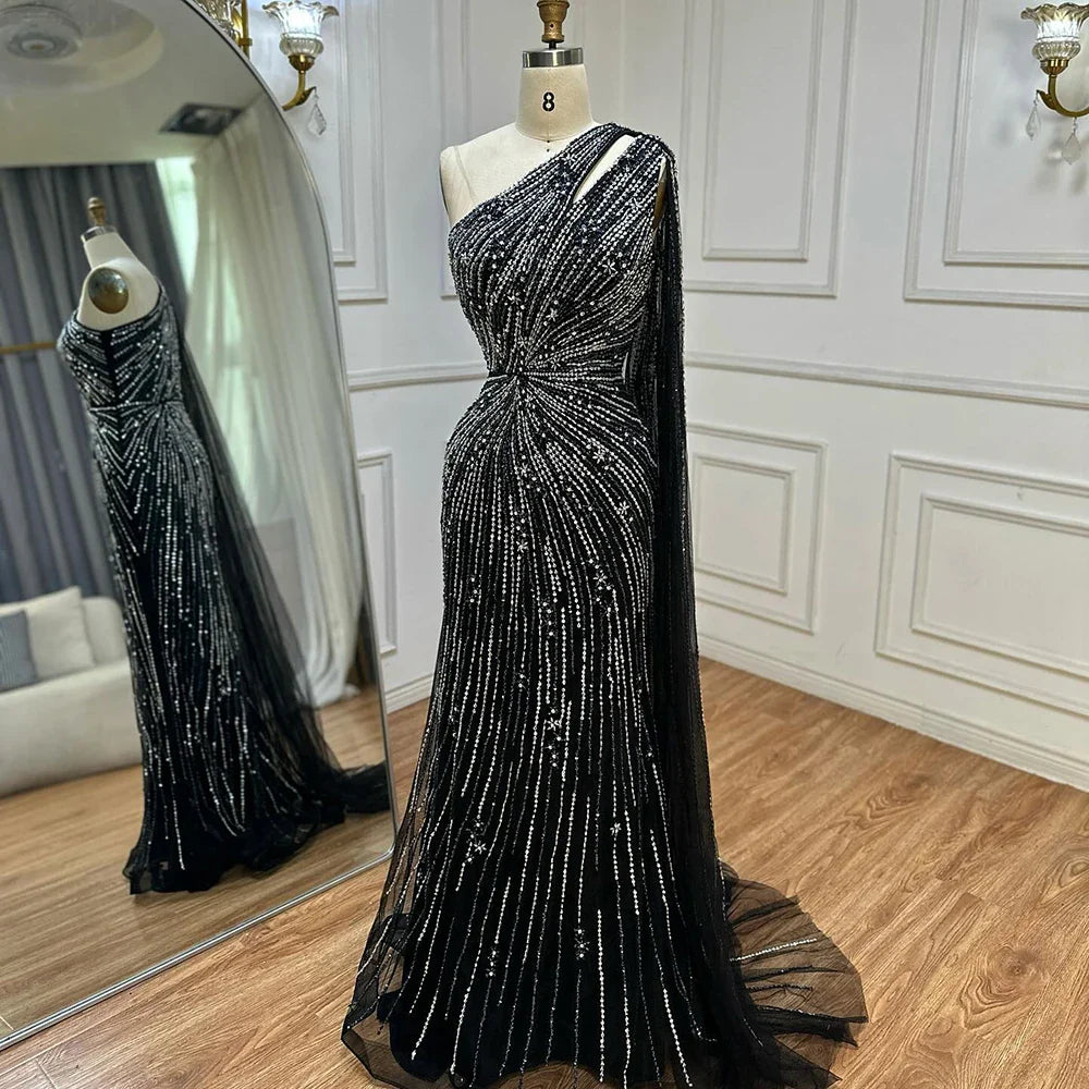 Luxury Black One Shoulder Mermaid Evening Dress with High Slit LA72829