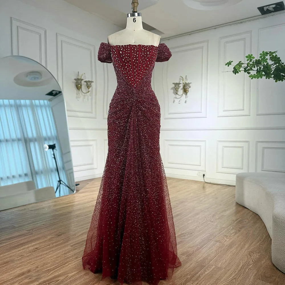 Luxury Designer Beaded Silver Nude Mermaid Evening Dress LA72905