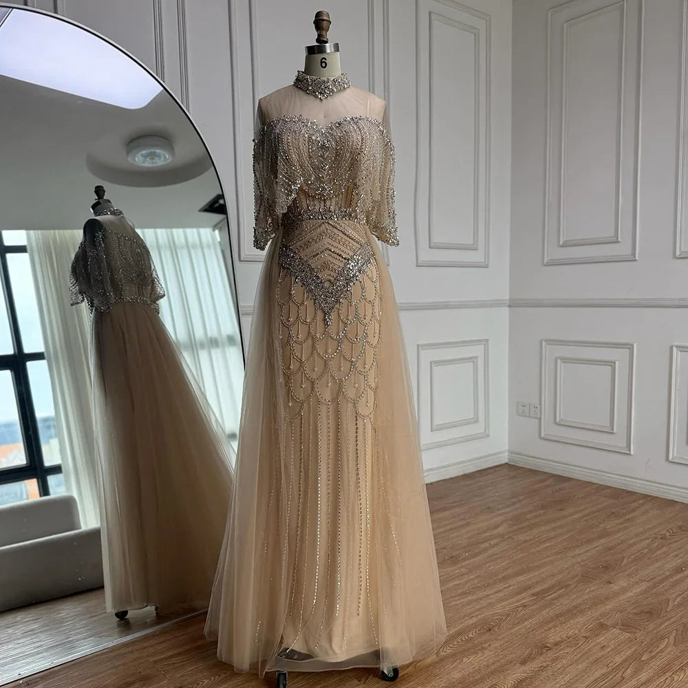 Luxury Gray Beaded Evening Dress with Overskirt LA73129