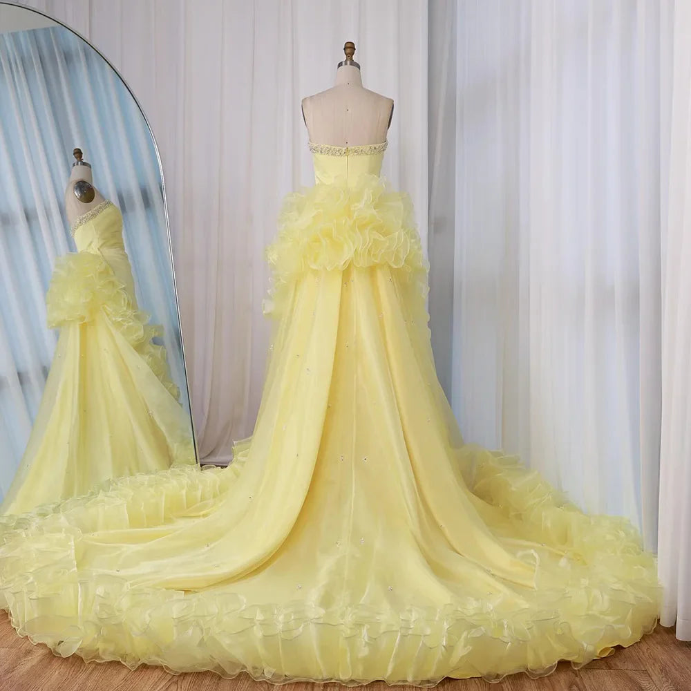 Luxury Dubai Evening Gown for Formal Occasion Elegant Yellow Dress with Ruffles and Beaded Details LA72889