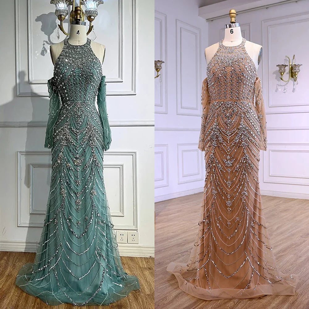 Luxury Turquoise Halter Mermaid Evening Dress LA72980
