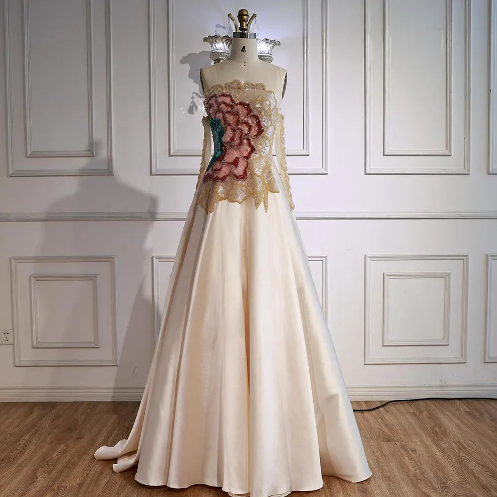 Luxury Chic Arabic Designer Beaded Satin A-Line Evening Dress LA72195B