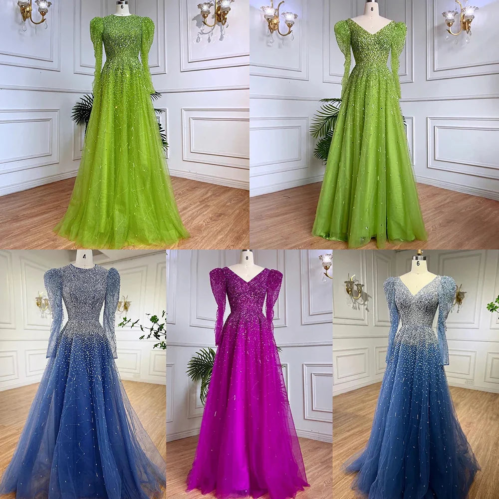 Green Mermaid Elegant With Skirt Sleeves Beaded Evening Dresses Gowns For Party LA71762