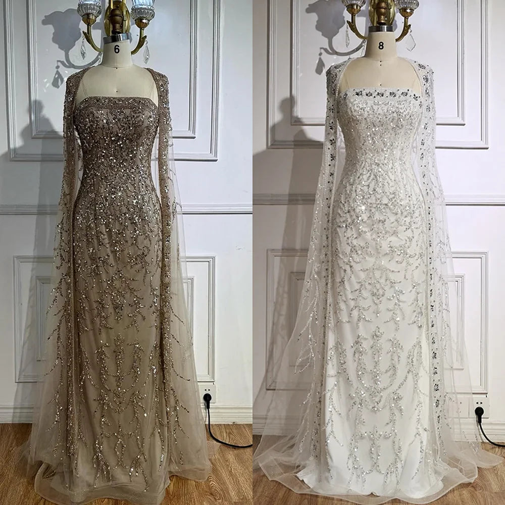 Luxury White Dubai Arabia Beading Evening Dress With Cape LA72870