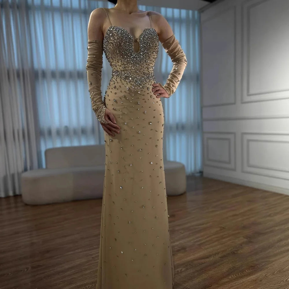 Luxury Nude Beaded Dress with Detachable Sleeves LA73065