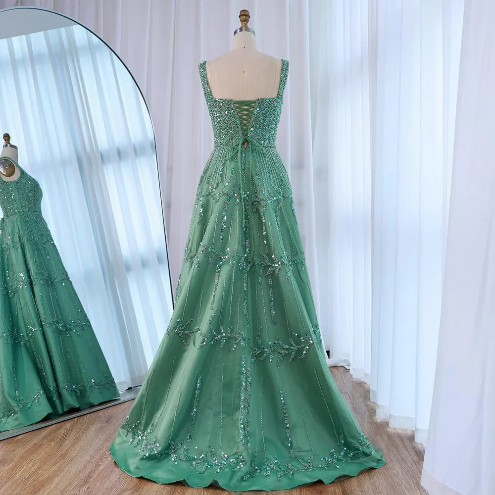 Elegant Sage Green Beaded A-Line Evening Dress LA73064