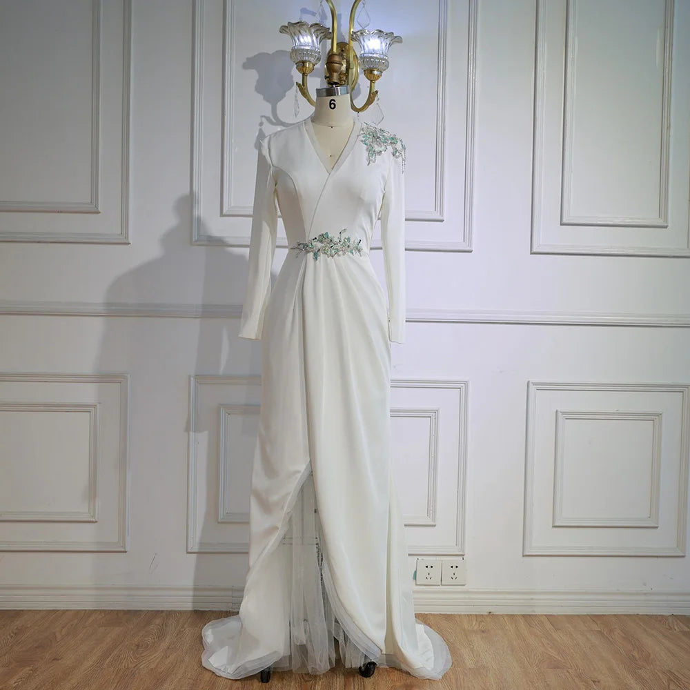 Elegant White Floral Beaded Evening Dress with Slit LA73030