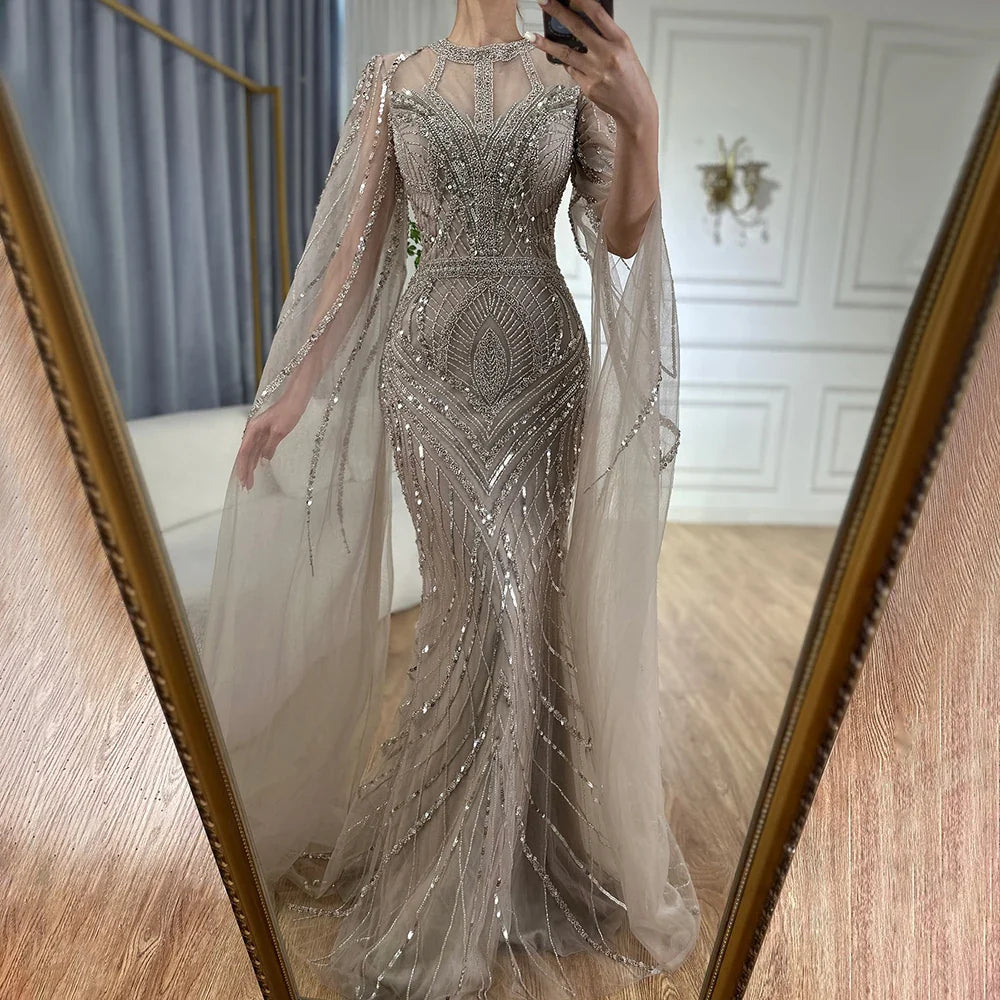 Arabic Gray Mermaid Evening Dress With Beaded Elegant Cape Sleeves Gown For Formal Occasion LA72611