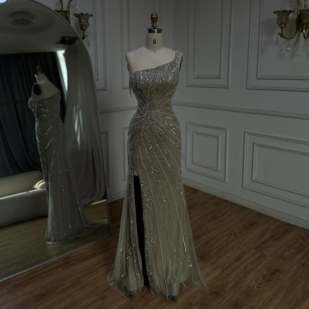 Luxury Caramel One Shoulder Beaded Slit Evening Gown with Tassel Detail LA72926