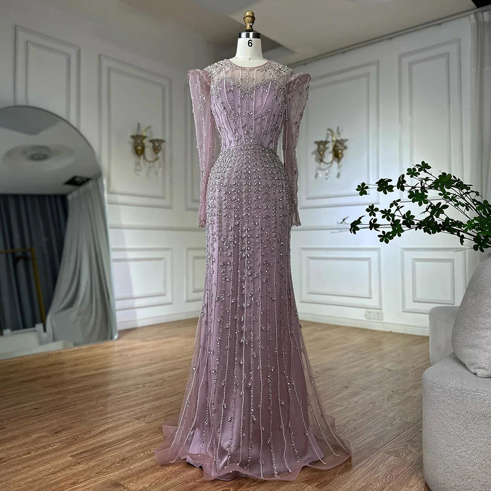Luxury Dubai Pink Elegant Pearls Beaded Mermaid Evening Dress LA72826