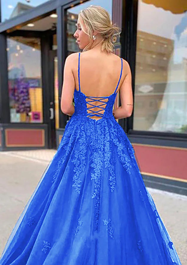 Serene Hill Arabic Blue A-Line Spaghetti Straps Tulle Prom Dress with Appliqués for Women's Party LA72678