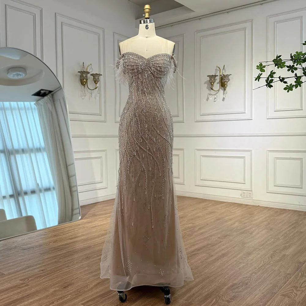 Luxury Nude Beaded Feather Mermaid Evening Dress Dubai Style LA72818
