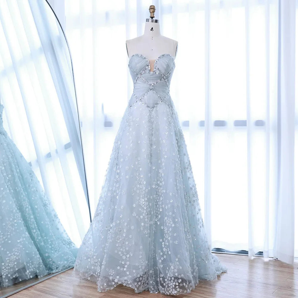 Luxury Dubai Arabic Light Blue Dreamy A-Line Evening Dress LA73099