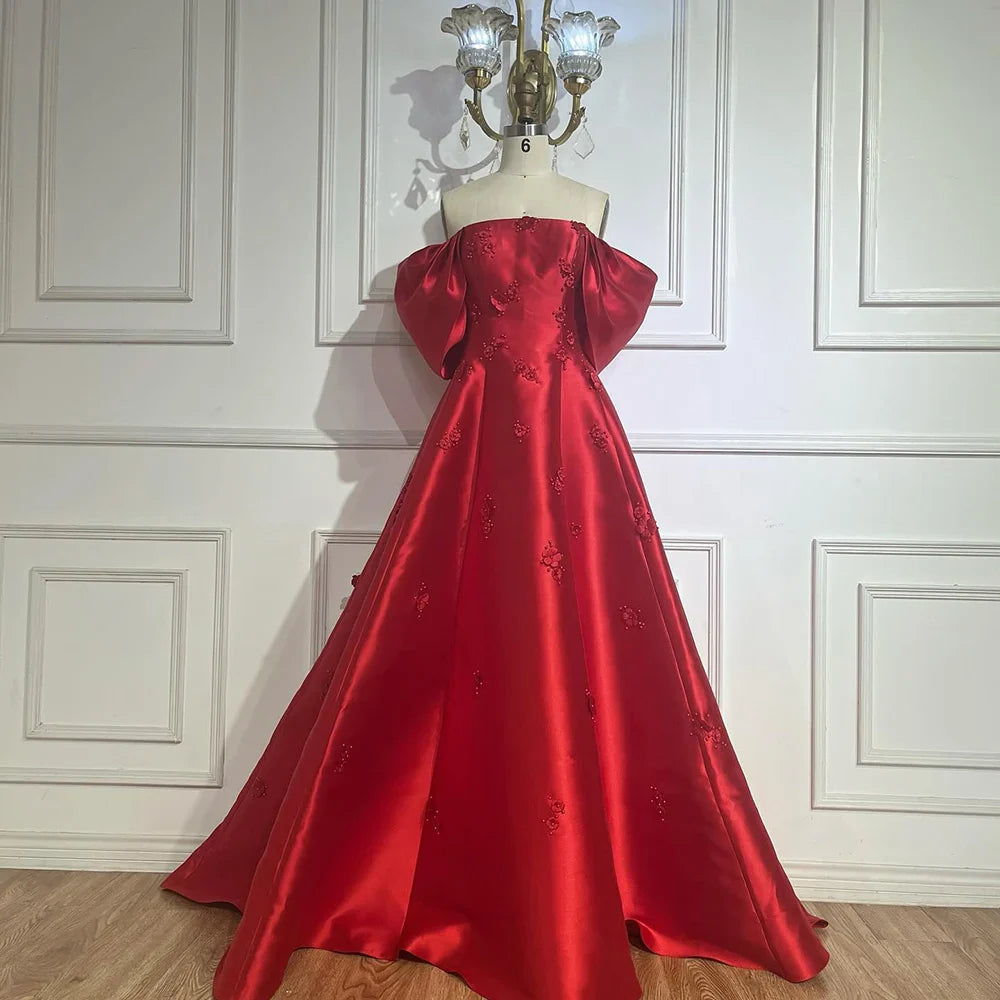 Luxury Dubai Saudi Arabia Elegant Off-Shoulder Wine Red A Line Evening Dress with Appliques Gown for Formal Occasion LA72778