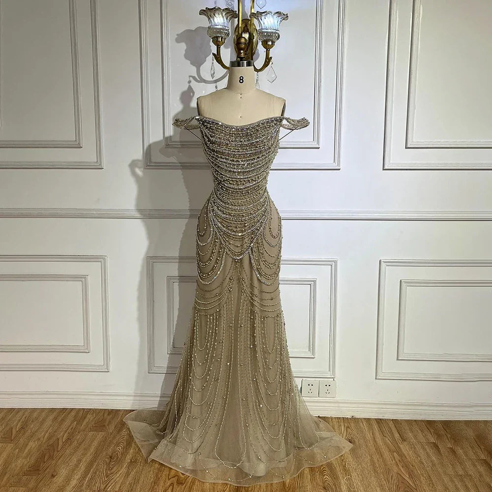 Luxury Crystal Silver Gray Pearl Beaded Evening Dress LA72253