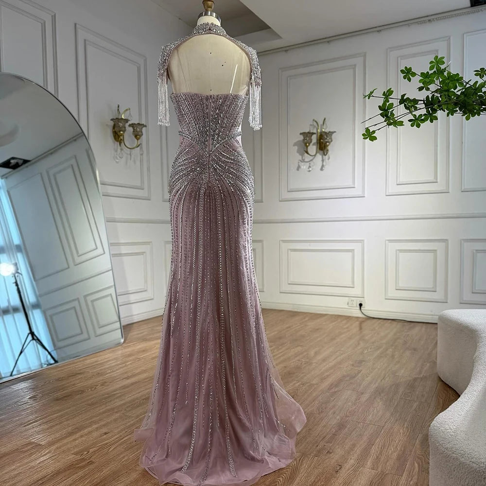 Nude Mermaid Evening Dress with Detachable High Neck Tassel LA72891A