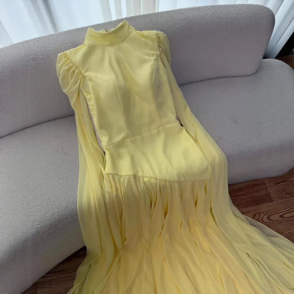 Luxury Yellow High Neck A-Line Evening Dress with Cape Sleeves LA73097