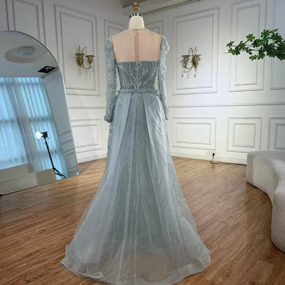 Luxury Sage Green Beaded Evening Dress with Detachable Overskirt LA73066