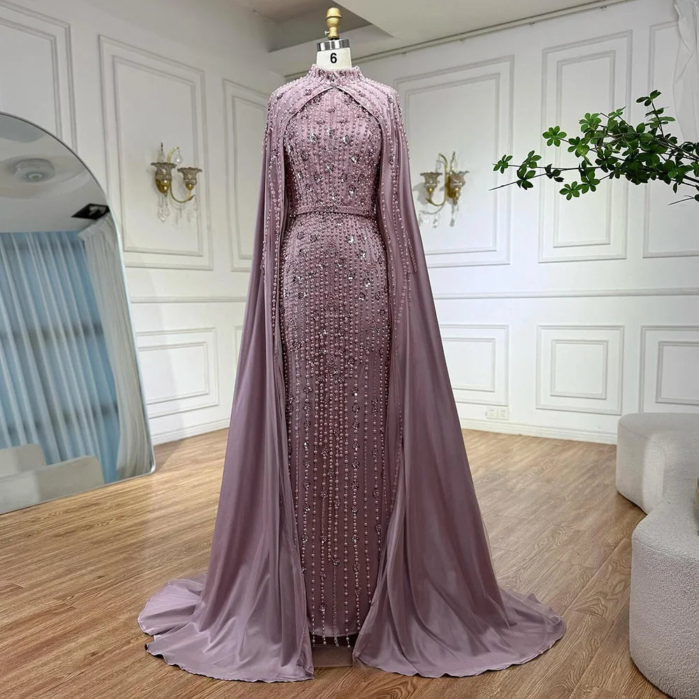 Modest Blue Muslim Beaded Evening Gown with Cape Sleeves LA72533