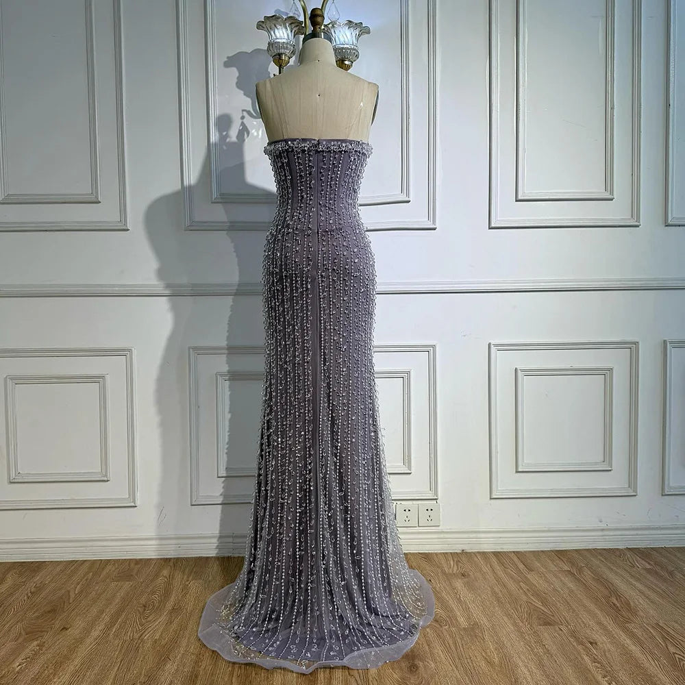 Elegant Crystal Beaded Strapless Lilac Mermaid Evening Gown LA72950