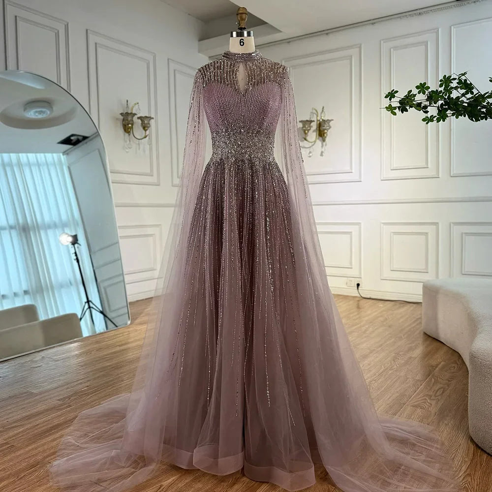 Luxury Modest Blue Beaded Evening Dress with Cape LA73059