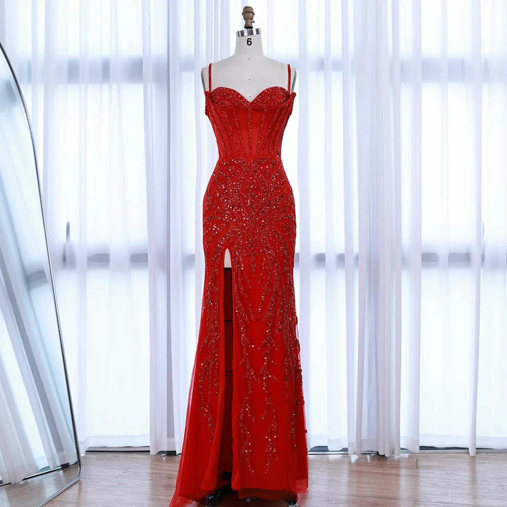 Luxury Red Beaded High Slit Evening Gown with Overskirt LA72936