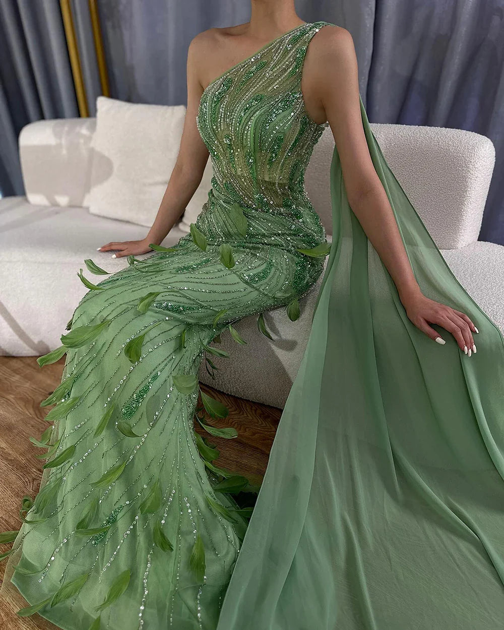 Green One-Shoulder Beaded Feathers Evening Gown with Side Cape Shawl LA72698