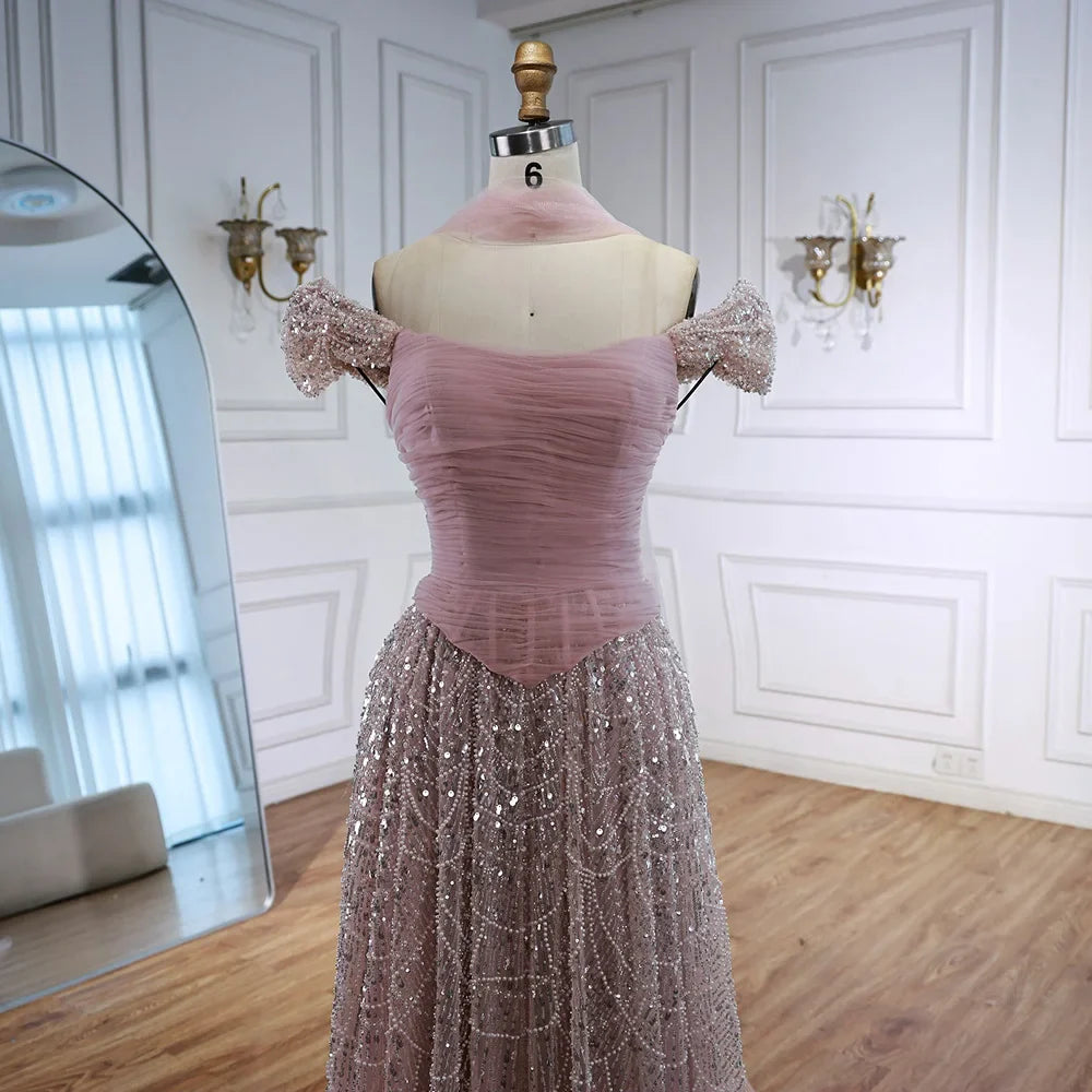 Luxury Arabic Pink Pearls Beaded Evening Dress With Cape LA72922