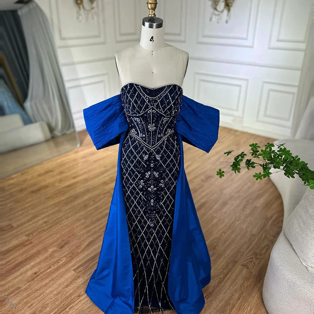Luxury Dubai Nude Beaded Mermaid Evening Gown Off Shoulder Shawl Crystal Detailing for Formal Occasion LA72819