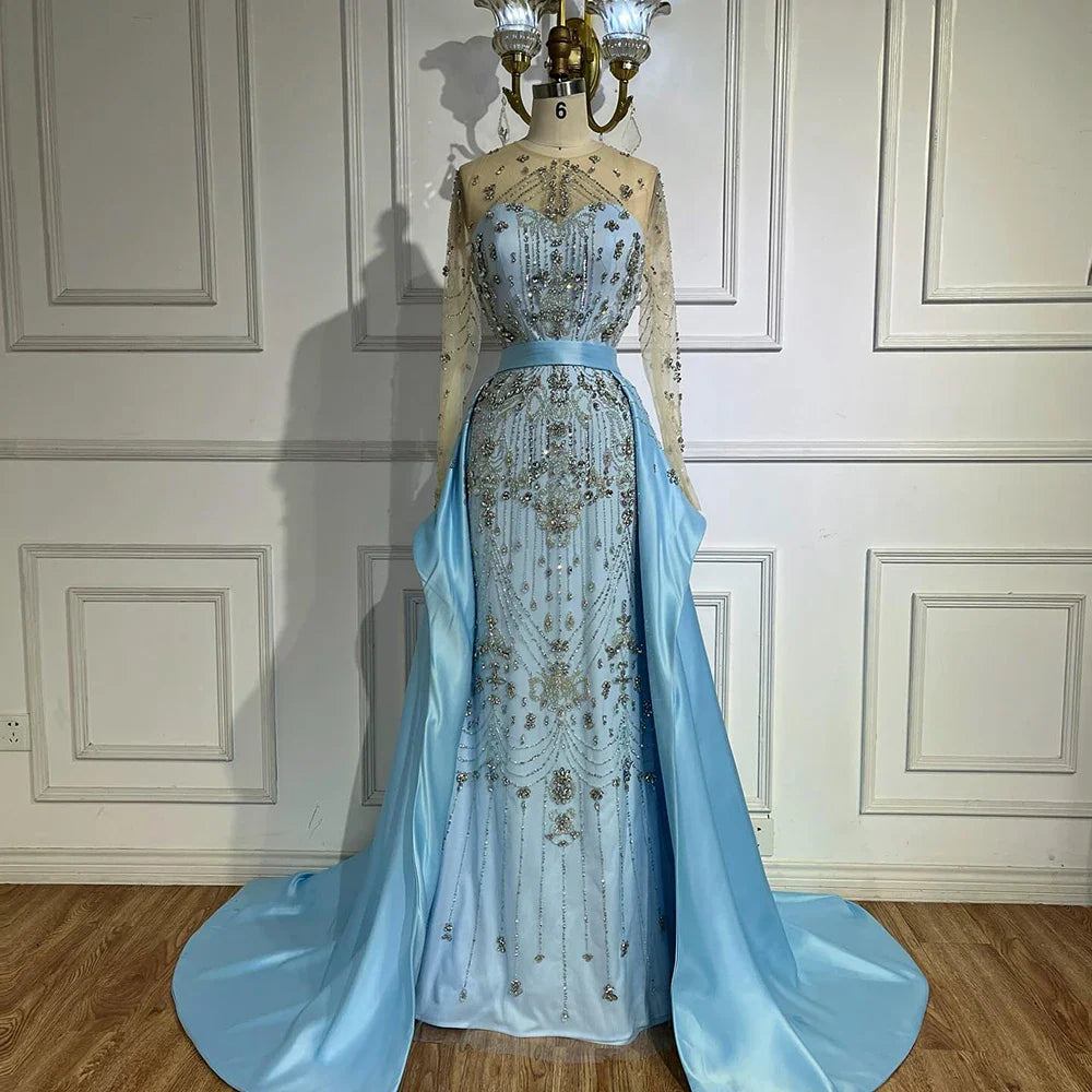 Luxury Dubai Blue Crystal Beaded Evening Dress with Overskirt LA72757