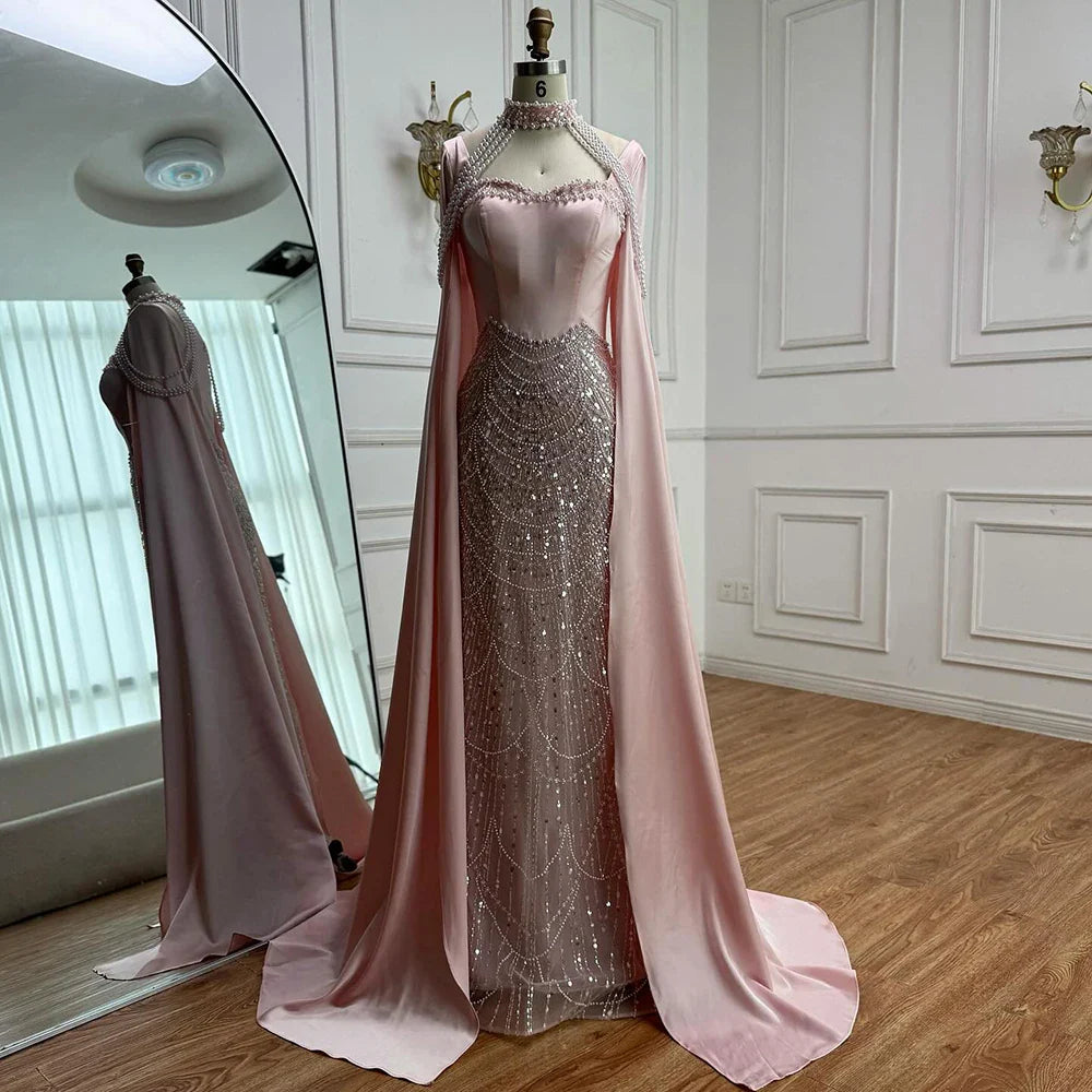 Luxury Arabic Pearls Pink Evening Dress with Cape LA73051