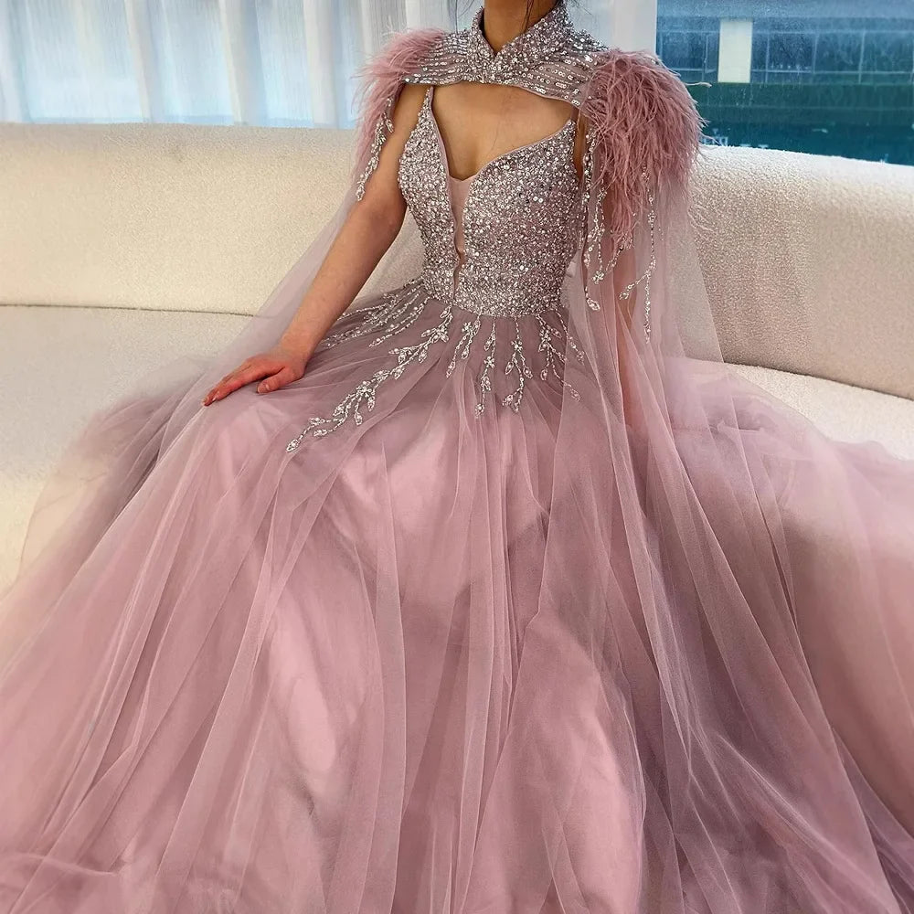 Luxury Dubai Arabic Beige A-Line Feathers Long Cape Luxury Beaded Saudi Evening Dresses Gowns for Formal Occasion LA72722