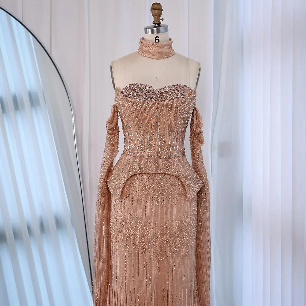 Luxury Gray Beaded Off-Shoulder Evening Dress with Cape Sleeves LA73076
