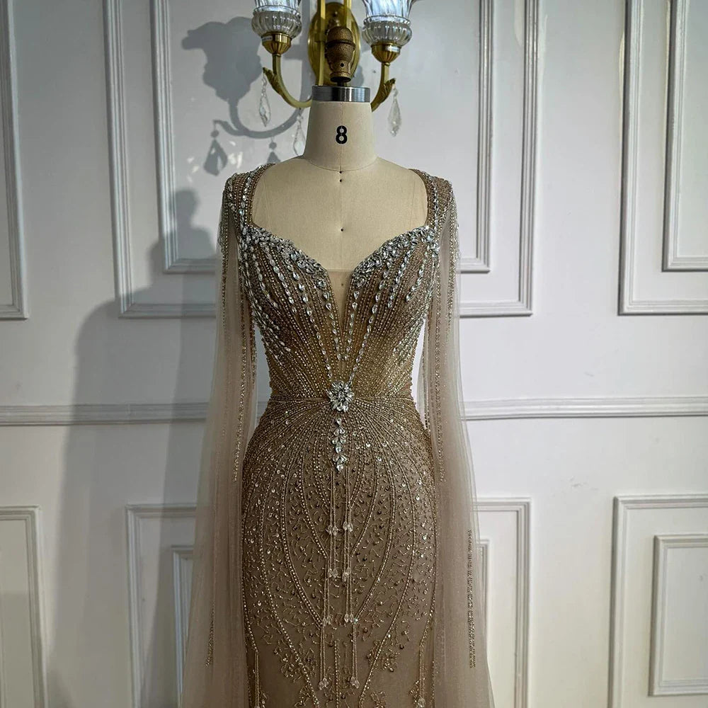 Luxury Designer Beige Beaded Evening Dress with Cape Sleeves LA72992