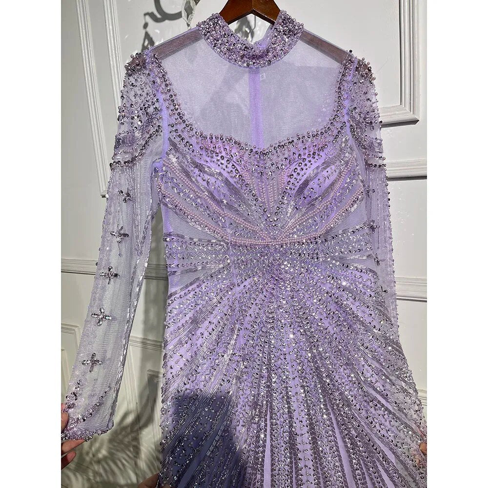 Luxury Nude Modest Beaded Tassel Mermaid Evening Dress LA71533