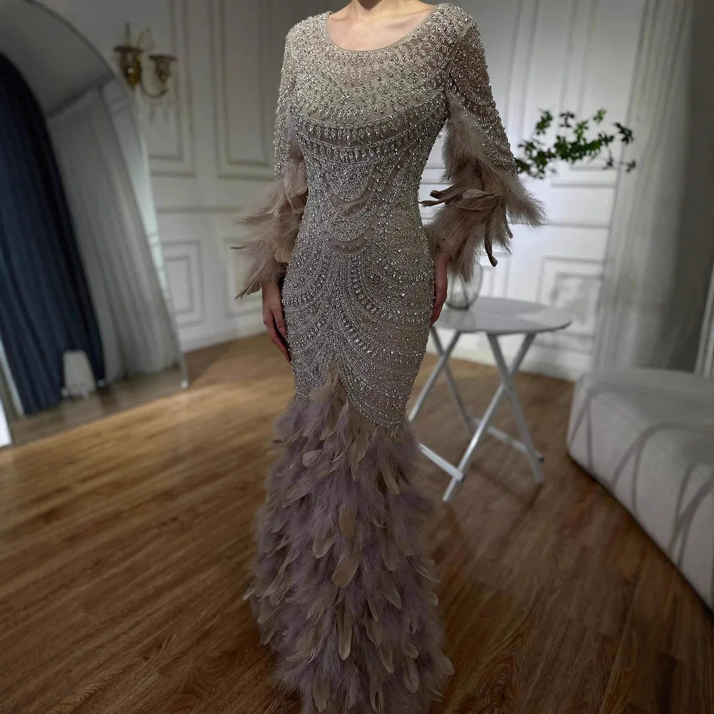 Luxury Dubai Nude Saudi Arabic Evening Gown with Beaded Feathers Dress for Formal Occasion LA72736