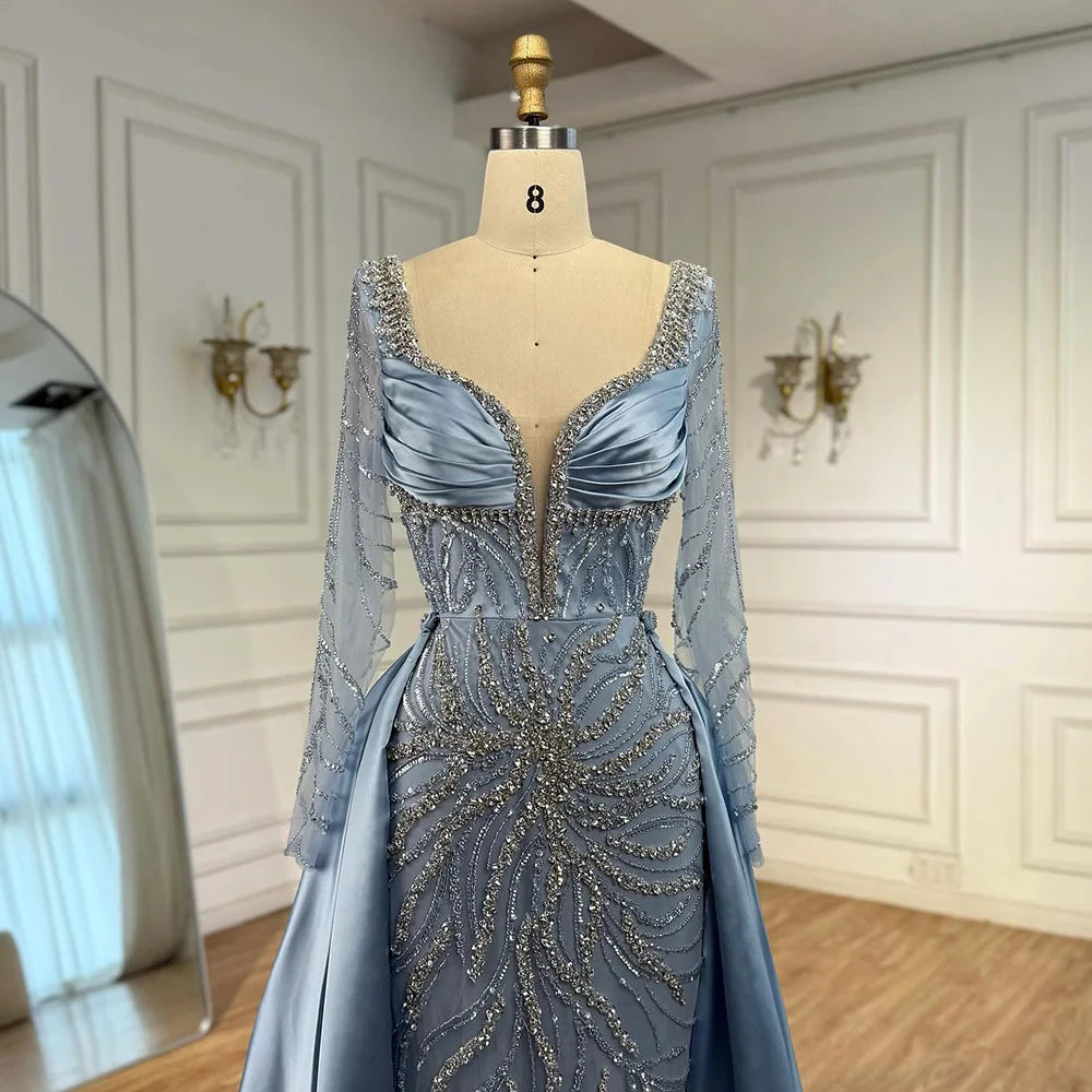 Luxury Muslin Blue hijab Evening Dress With Long Sleeves LA72963