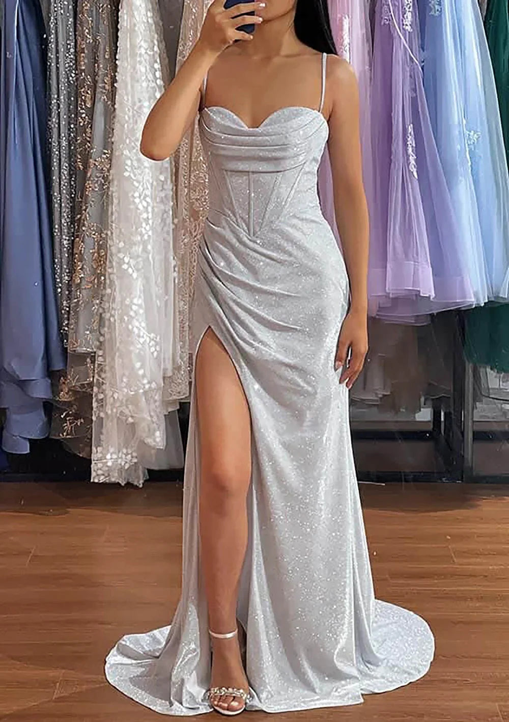 Serene Hill Arabic Silver Elegant Mermaid Spaghetti Straps Glitter Prom Dress with Pleated Split for Women's Party LA72685