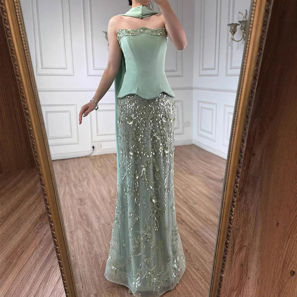 Luxury Sage Green Strapless Beaded Mermaid Evening Dress LA73050C