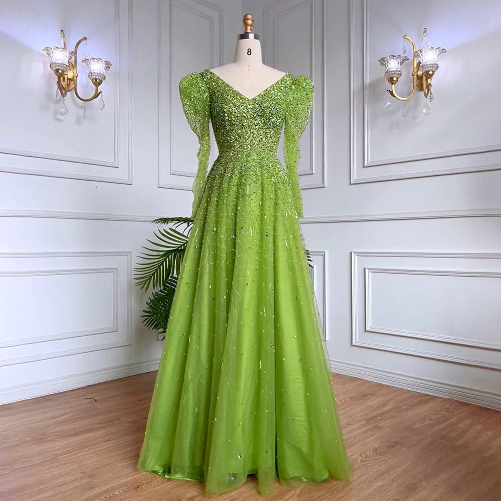 Green Mermaid Elegant With Skirt Sleeves Beaded Evening Dresses Gowns For Party LA71762