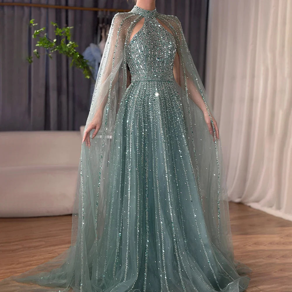 Luxury Turquoise A-Line Cape Sleeve Beaded Evening Dress Plus Size LA72306A