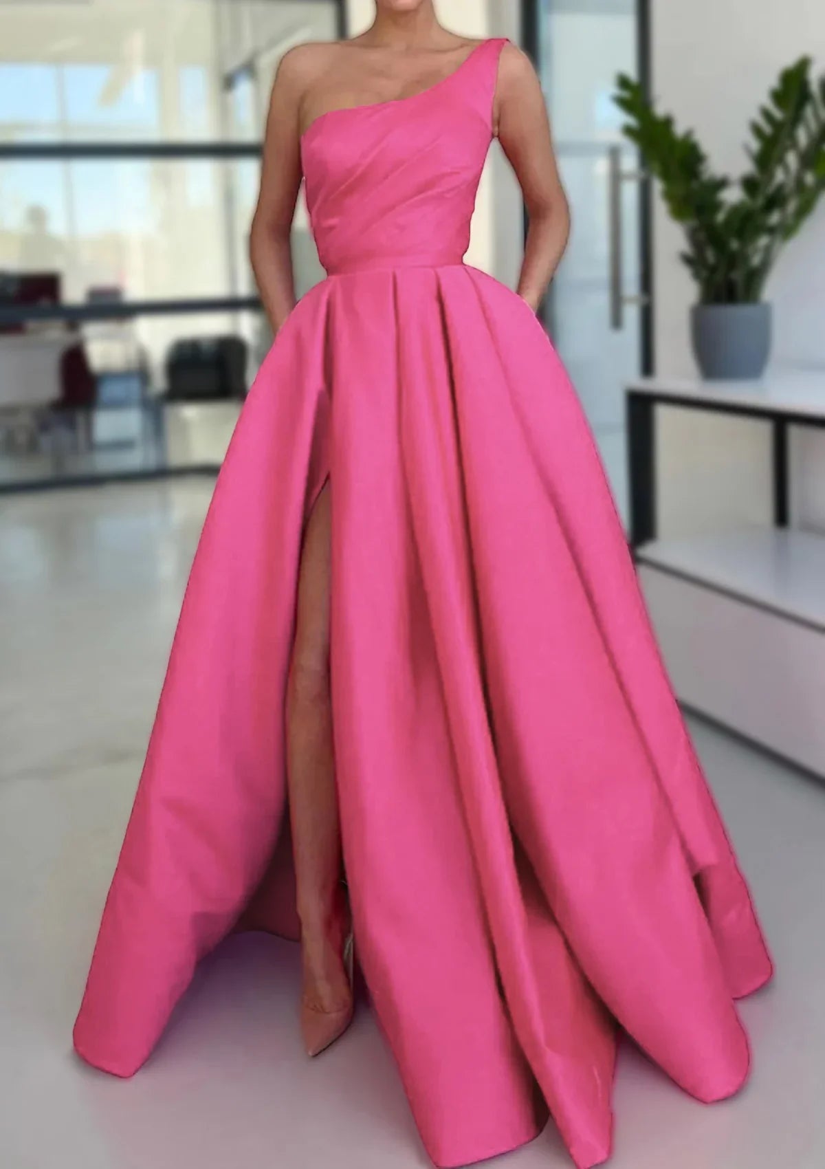 Serene Hill Arabic Pink A-Line One-Shoulder Floor-Length Satin Prom Dress with Split, Ruffles, and Pockets for Women's Party LA72683
