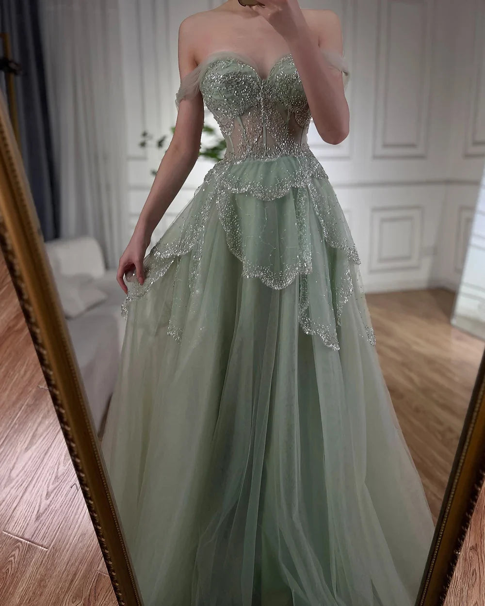 Luxury Sage Green Beaded A-Line Off-Shoulder Evening Dress LA72605