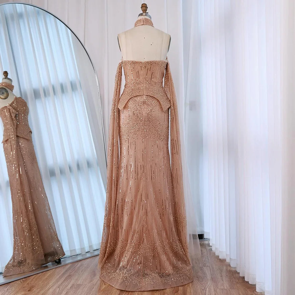 Luxury Gray Beaded Off-Shoulder Evening Dress with Cape Sleeves LA73076